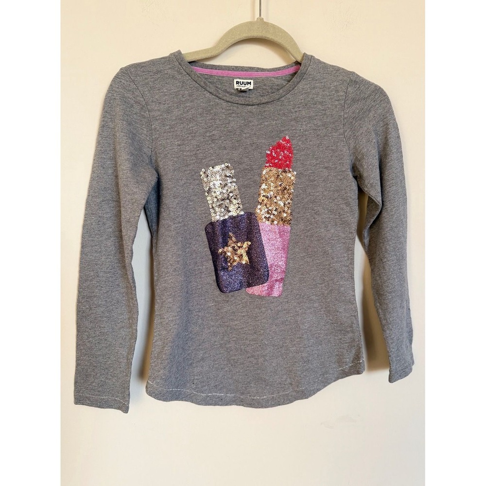 RUUM Girls Gray Sequin Lipstick Long Sleeve Graphic Tee Size Large 12 NWT Kids